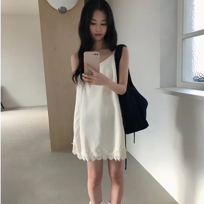 있음 선적 레이스 레이스 패치워크 슬립 드레스 랩스커트팬츠 스택 착용 다용도 중 섹션 드레스
