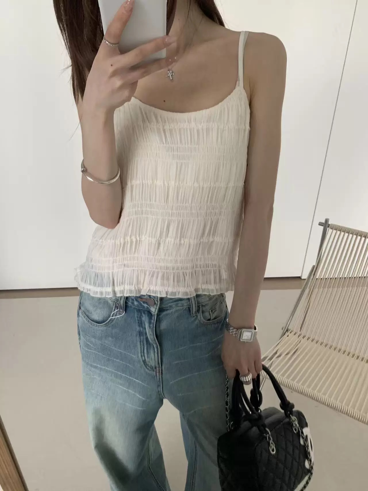 있음 창고 한국 chic 달콤함 민소매 맨위 연령 감소 주름 레이스 조끼 슬립