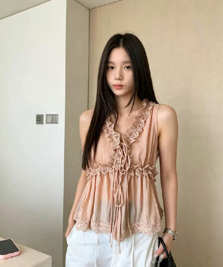 있음 창고 부드러운 바람 레이스 레이스 패치워크 V넥 조끼