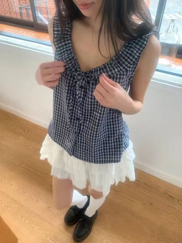 있음 창고 레트로 체크무늬 목이버섯 연꽃 잎 패치워크 조끼 맨위 여성