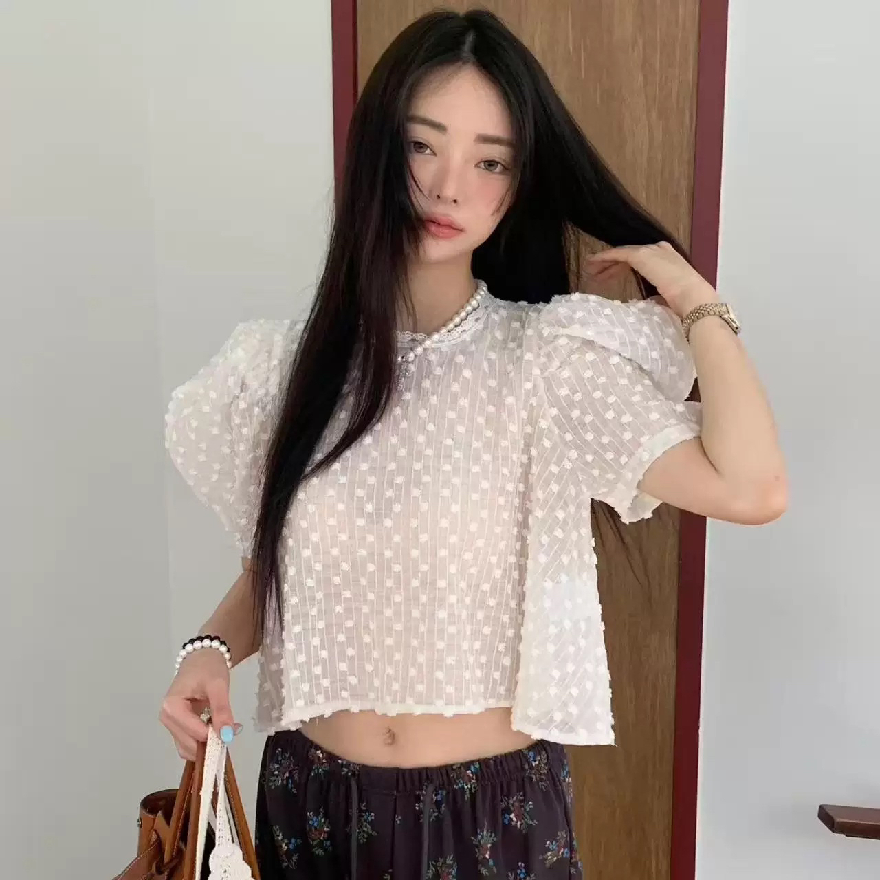 있음 창고 26 여름 달콤함 연령 감소 루즈핏 거품 소매 셔츠