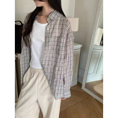 批发已入库 新款复古格子<b class='q'>衬衫</b>女宽松休闲百搭长袖<b class='q'>衬衣</b>外套