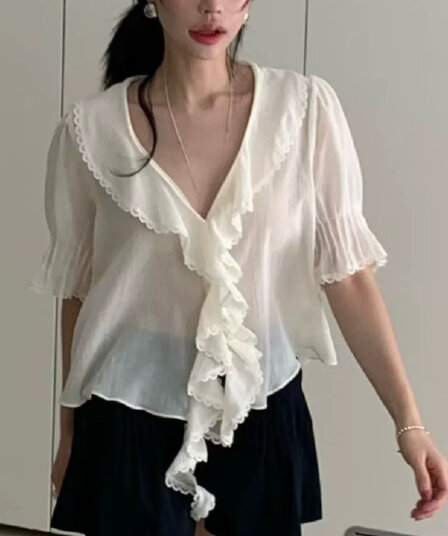 있음 창고 봄 여름 섹션 부드러운 다용도 폴로 칼라 프릴 셔츠