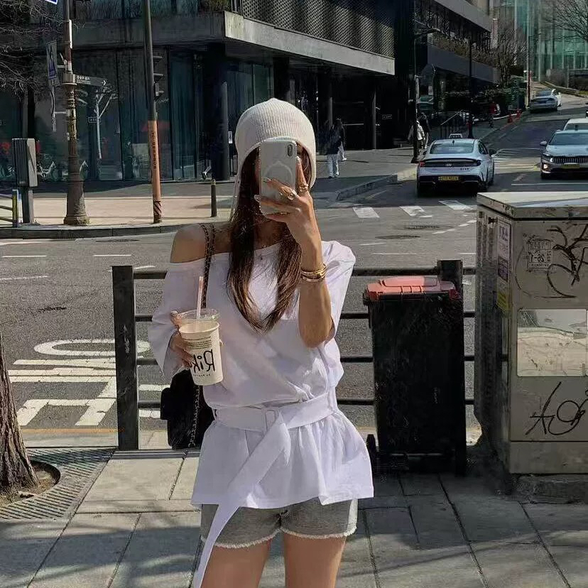 있음 창고 패션 캐주얼 비스듬한 어깨 레이스업 반팔 티셔츠