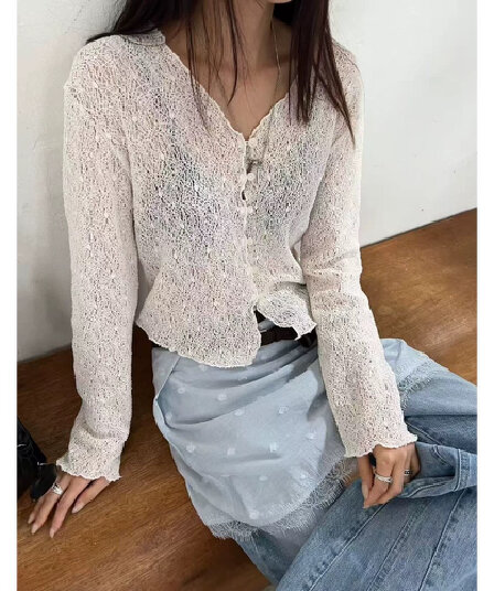 있음 창고 한국 홀로우 아웃 레이스 부드러운 바람 오픈 가디건