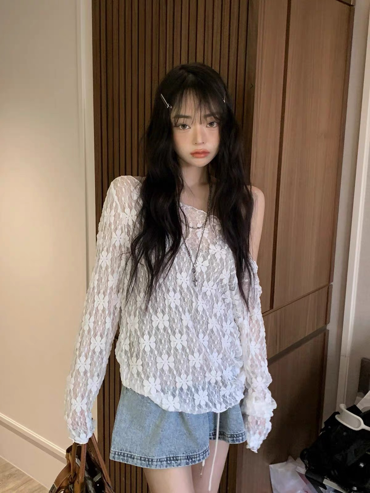 있음 창고 한국 봄 여름 패션 다용도 라운드 넥 단색 레이스 셔츠