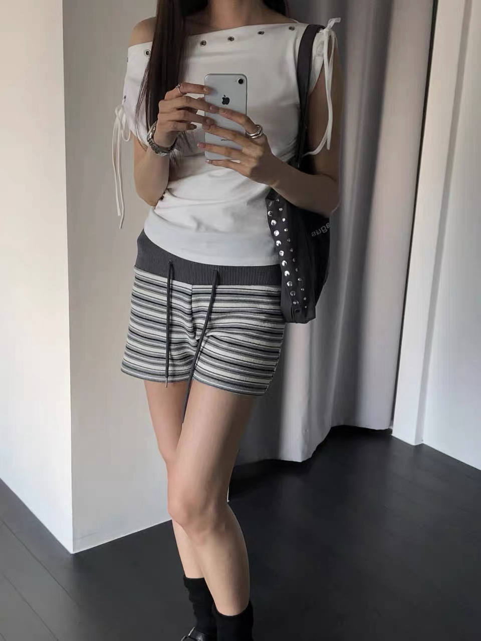 있음 창고 한국 패션 펌프 로프 레이스업 뒤집다 측면 스트라이프 반바지 26 봄 새로운 여성