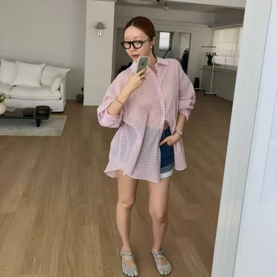 있음 창고 한국 봄 여름 새로운 패션 다용도 폴로 칼라 루즈핏 체크무늬 셔츠