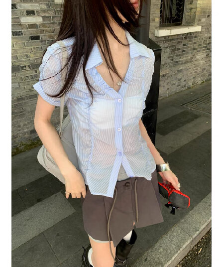 있음 창고 26 여름 켜기 새로운 주름 폴로 칼라 단추 다용도 슬림해 보이는 셔츠