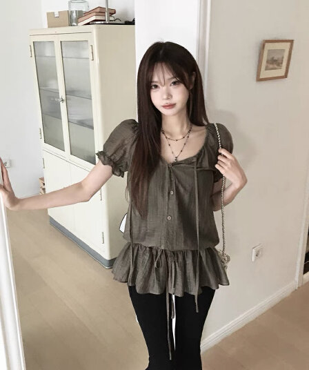 있음 창고 거품 소매 레이스 허리 수축 슬림해 보이는 여성 셔츠