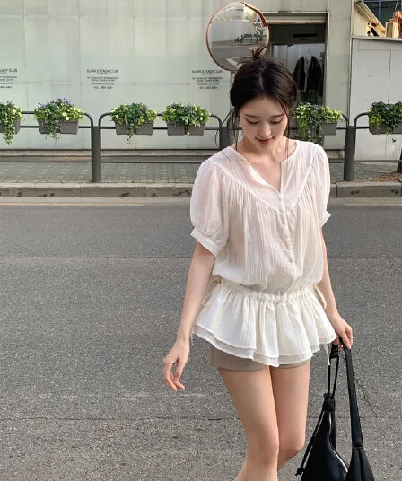 한국 여름 새로운 분위기 센스 이중층 프릴 얇은 스타일 펌프 로프 허리 수축 셔츠