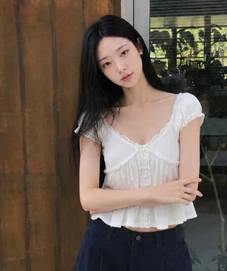 있음 창고 화이트 레이스 레이스 반팔 셔츠 프릴 V넥 거품 소매 셔츠