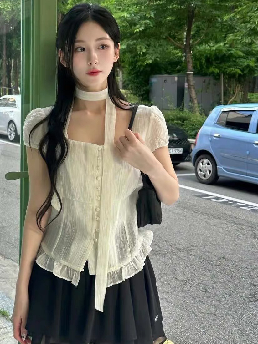 한국 광장 칼라 스트랩 싱글 줄 버튼 반팔 셔츠 거품 소매