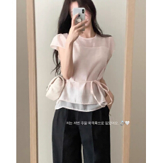 批发温柔韩风木耳边抽绳<b class='q'>短袖</b><b class='q'>T</b><b class='q'>恤</b>女夏薄衬衫