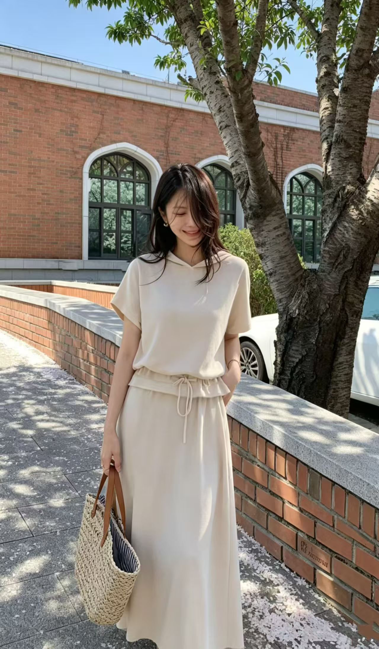있음 창고 연령 감소 세트 드레스 얇은 스타일 반팔 후드 티 스웨터 반신 스커트 투피스 세트