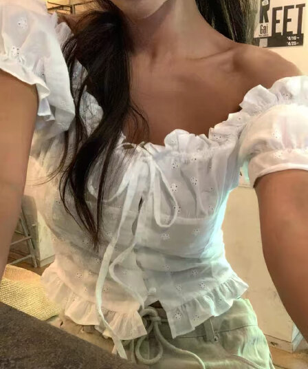 있음 창고 오프숄더 셔츠 꽃 자수 프릴 레이스업 싱글 줄 버튼 허리 수축 짧은 셔츠