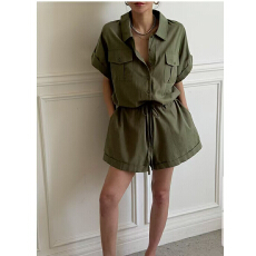 批发韩国工装翻领阔腿连体短<b class='q'>裤</b>女夏季气质抽绳收腰显瘦时尚休闲连体衣