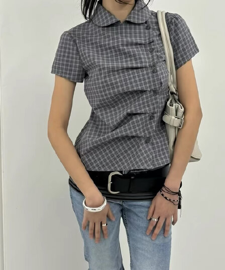 있음 창고 한국 dimanche 비대칭 비스듬한 襟 주름 단추 베이비 칼라 반팔 셔츠