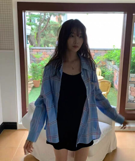 한국 동대문 달콤함 부드러운 폴로 칼라 부서 버클 격자 무늬 셔츠