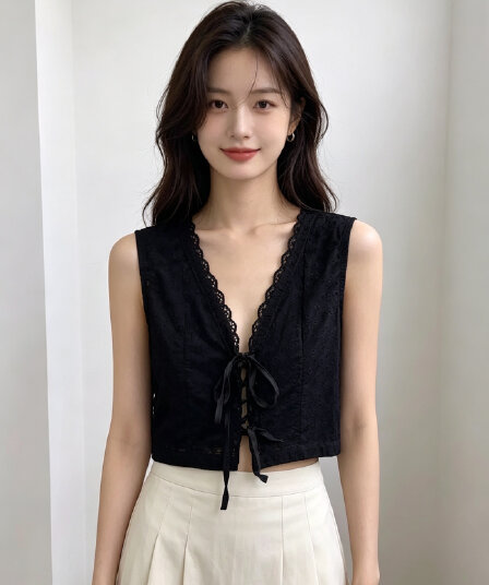 있음 창고 한국 ins 달콤함 스트랩 레이스 레이스 패치워크 V넥 조끼 셔츠