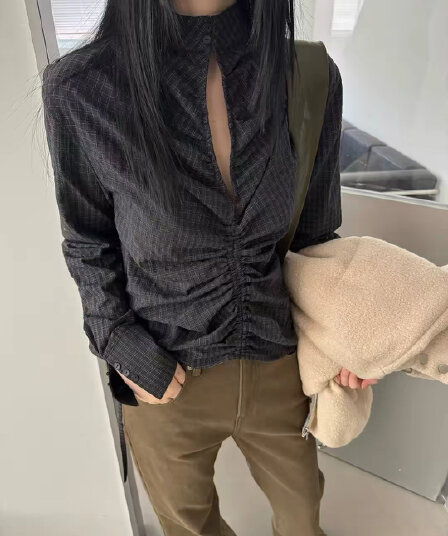 있음 창고 펌프 Pleat 작은 스탠드 칼라 체크무늬 셔츠