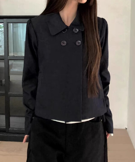 있음 창고 레트로 디자인 네 이중 버튼 폴로 칼라 긴팔 재킷 재킷 맨위