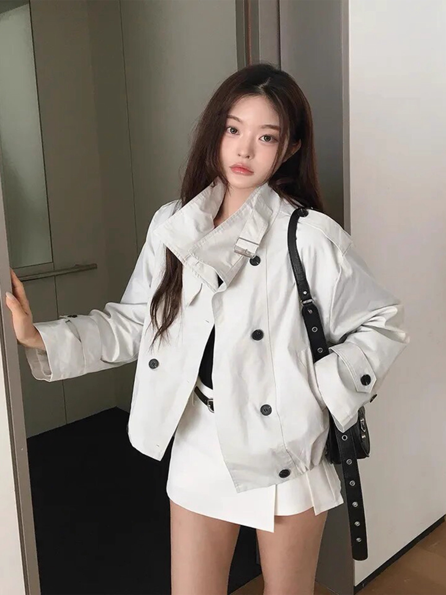 BY37450# 双排扣立领长袖宽松休闲百搭外套小个子女  服裝批發女裝批發服飾貨源