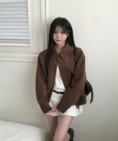 한국 chic 가을 프랑스식 아름다움 라드. 레트로 브라운 색상 시스템 루즈핏 사슴 캐시미어 야구 유니폼