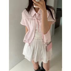 批发有货 韩国chic夏日 泡泡条纹 单排扣 系带 短袖 衬衫