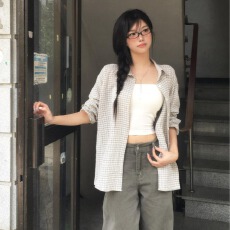 批发现huo 韩国chic 春日 少女感 单排扣<b class='q'>格子</b><b class='q'>衬衫</b> 女长袖<b class='q'>衬衣</b>