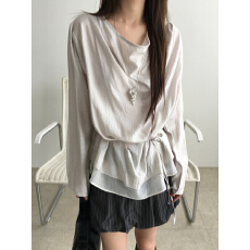 批发<b class='q'>韩国</b>chic 秋日 肌理感 荡领 绑带 长袖 上衣