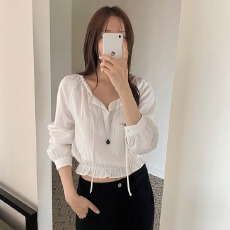 批发尺码更新 现huo 韩国chic 秋日 蕾丝花边拼接收腰 长袖衬衫