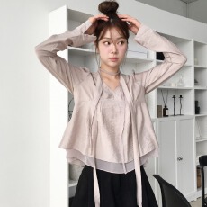 批发<b class='q'>韩国</b>chic秋日V领 网纱拼接绑带长袖上衣