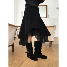 批发韩国chic冬日 设计感 灯芯绒 拼接<b class='q'>雪纺</b>不规则 松紧腰<b class='q'>半身裙</b>