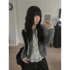 批发<b class='q'>韩国</b>chic早春单排扣波点针织上衣外套+飘带圆领荷叶边长袖<b class='q'>蕾丝衫</b>