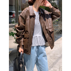 批发韩国chic早春宽松大口袋pu皮衣机车外套皮夹克