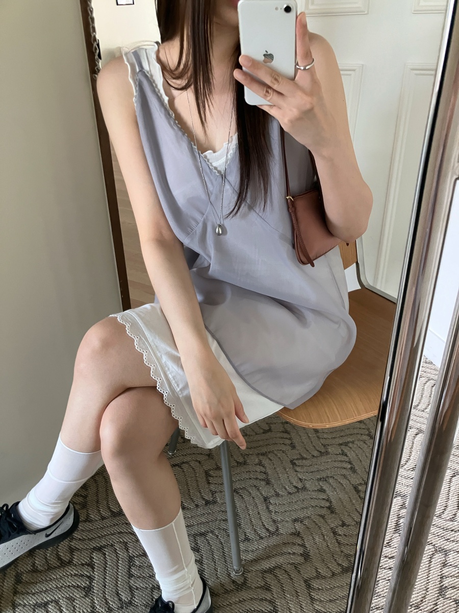 한국 chic 봄날 레이스 패치워크 뒤로 스트랩 슬립 드레스