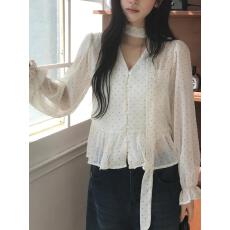 批发韩国chic 春日 微透 单排扣 <b class='q'>波点</b>长袖<b class='q'>衬衫</b>