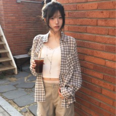 批发韩国chic春日 长袖<b class='q'>格子衬衫</b>