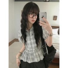 批发<b class='q'>韩国</b>chic夏日学院风 短袖衬衫女格子衬衣