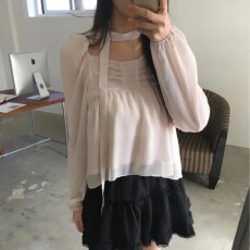 批发有货 <b class='q'>韩国</b>chic早春 气质方领 飘带长袖雪纺<b class='q'>衫</b>