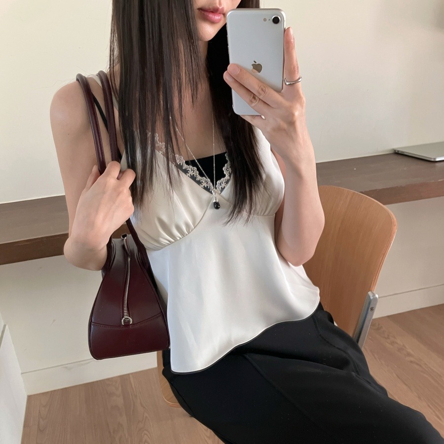 선적 중 한국 chic 여름 레이스 레이스 패치워크 새틴 캐미솔