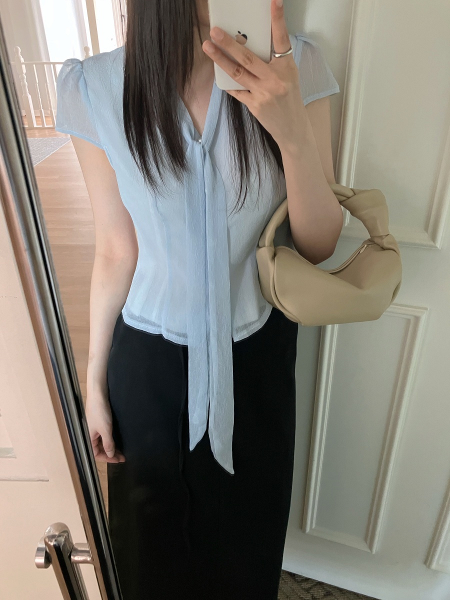 선적 중 한국 ins 여름 질감 센스 쉬폰 싱글 줄 버튼 리본 반팔 셔츠