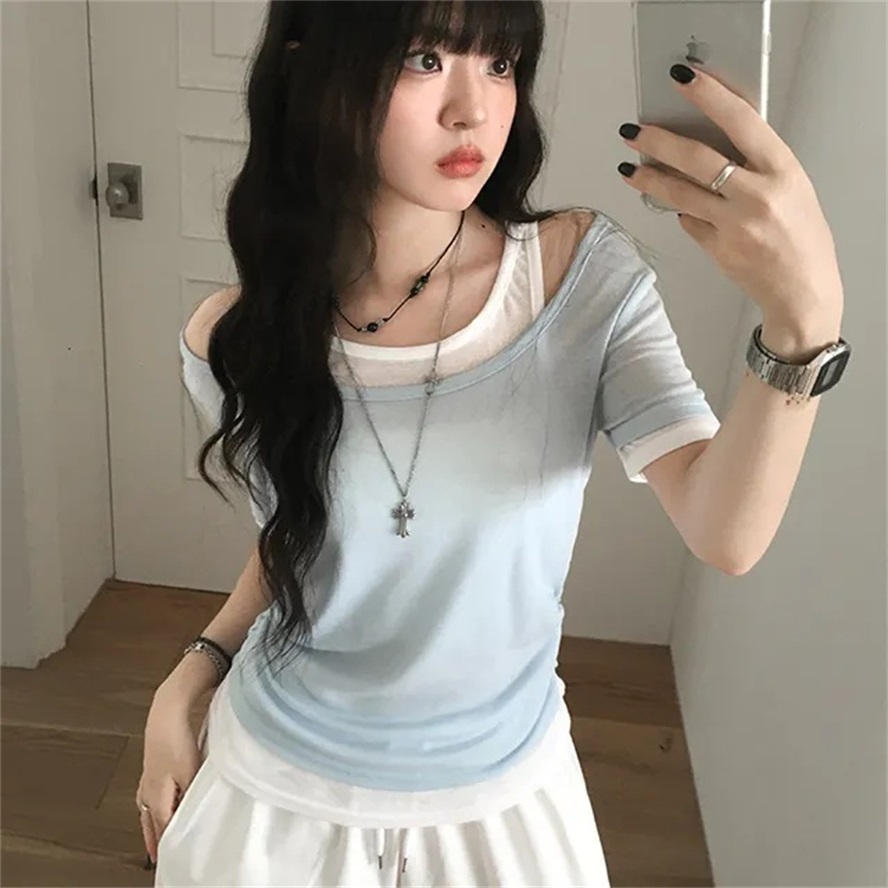 한국 chic 여름 얇고 가벼운 배색 페이크 레이어드 허리 수축 반팔 티셔츠