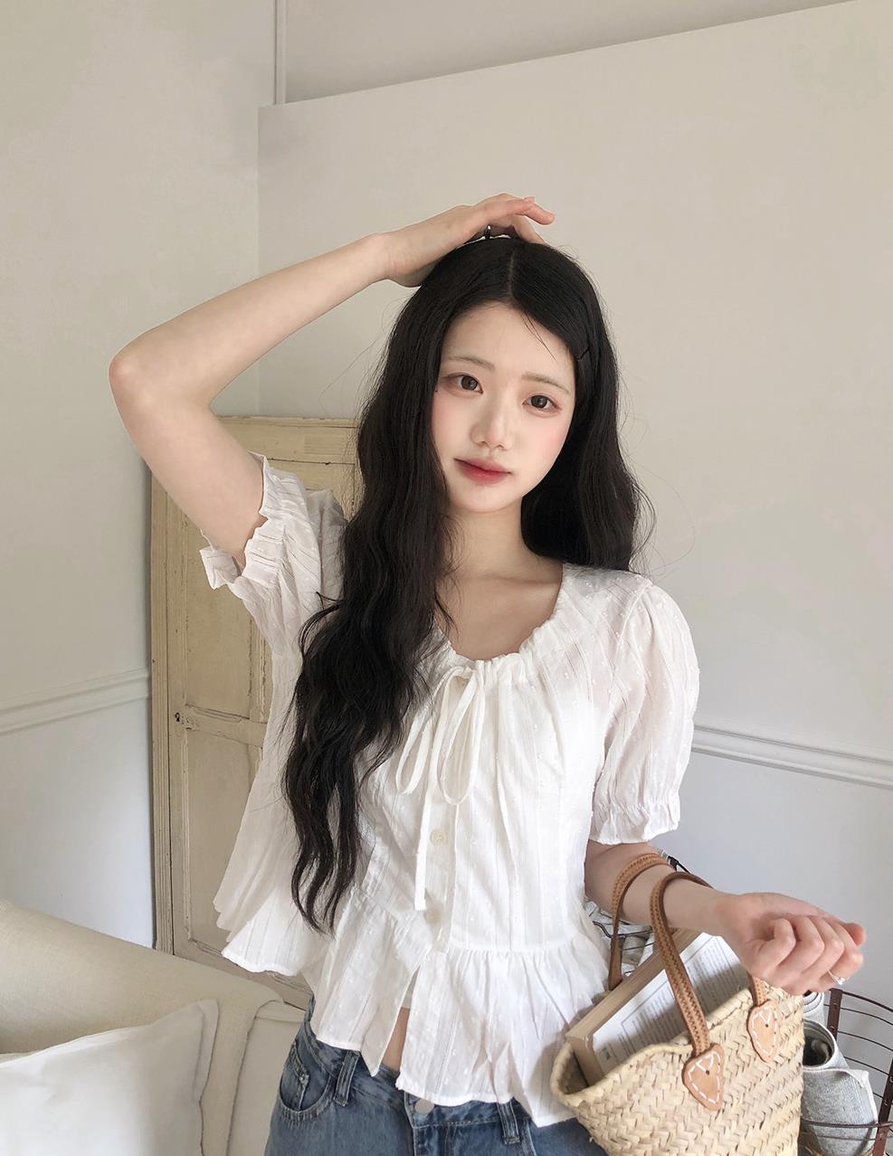 재고 있음 한국 chic 여름 레이스업 리본 자카드 반팔 셔츠