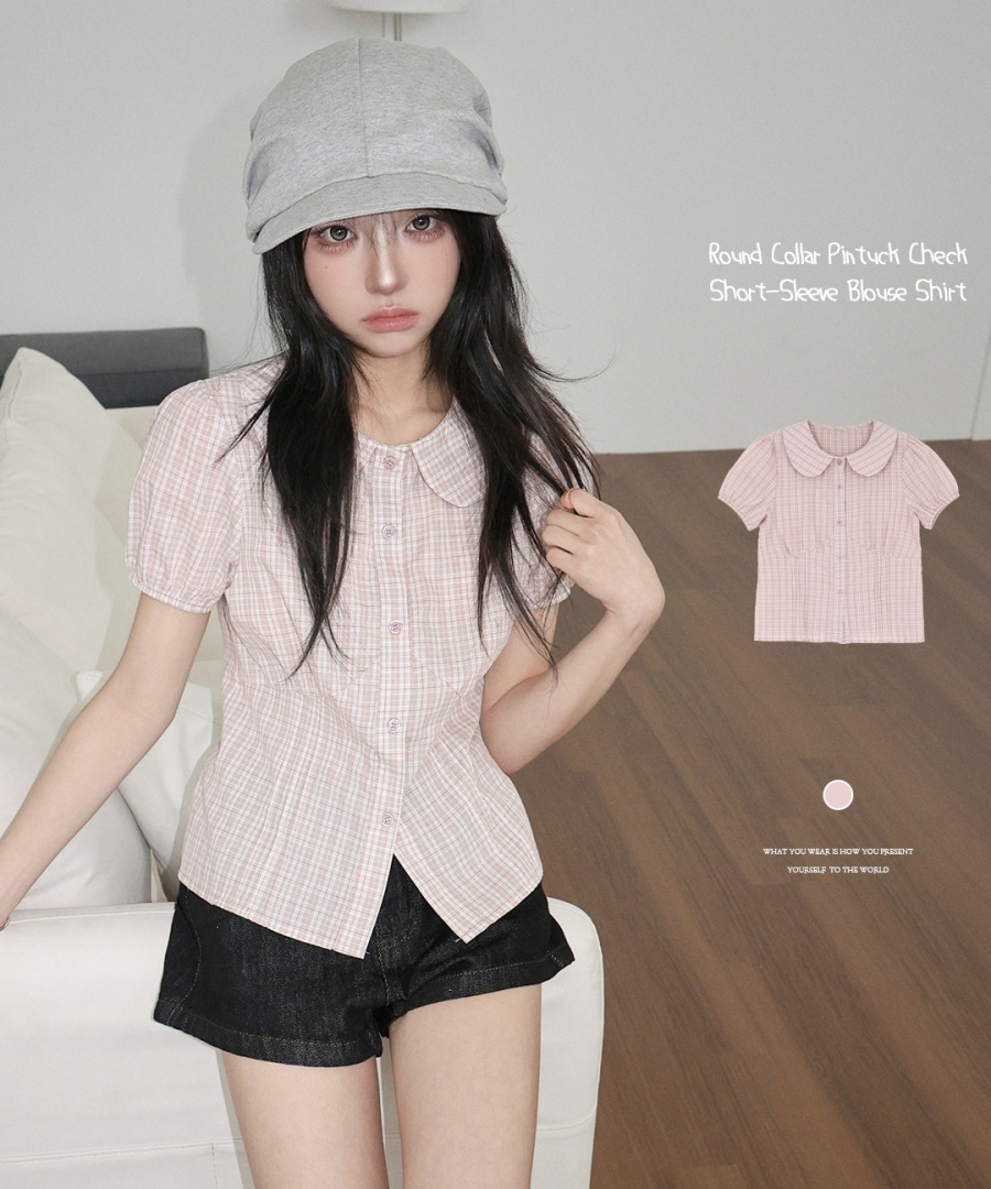 한국 ins 여름 베이비 칼라 싱글 줄 버튼 허리 수축 반팔 격자 무늬 셔츠
