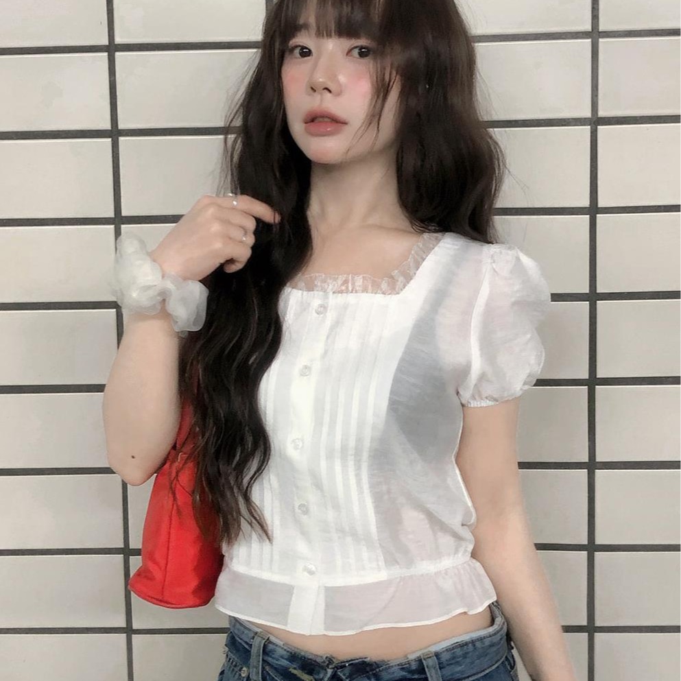 한국 ins 여름 질감 센스 프릴 싱글 줄 버튼 반팔 셔츠