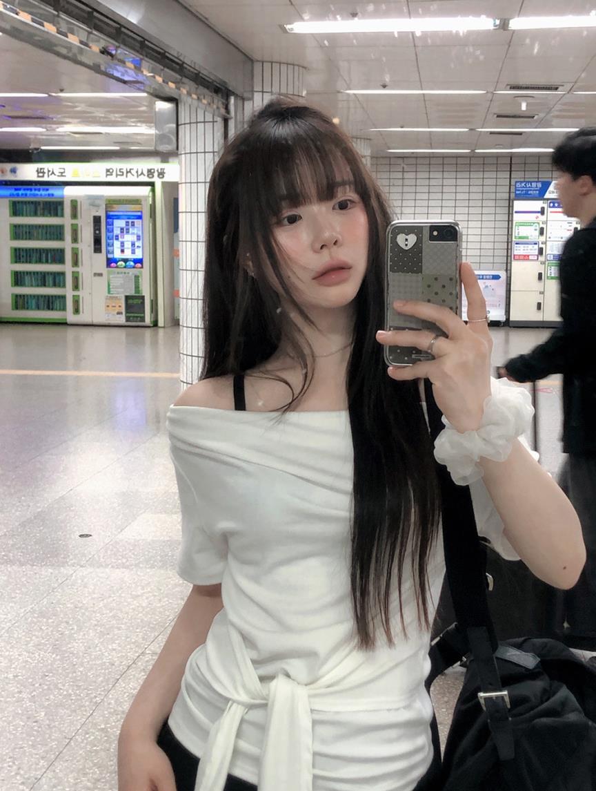 한국 chic 여름 보트 칼라 스트랩 허리 수축 반팔 티셔츠