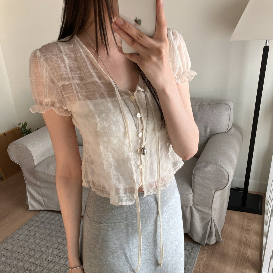 한국 ins 여름 리본 쉬폰 체크무늬 싱글 줄 버튼 셔츠