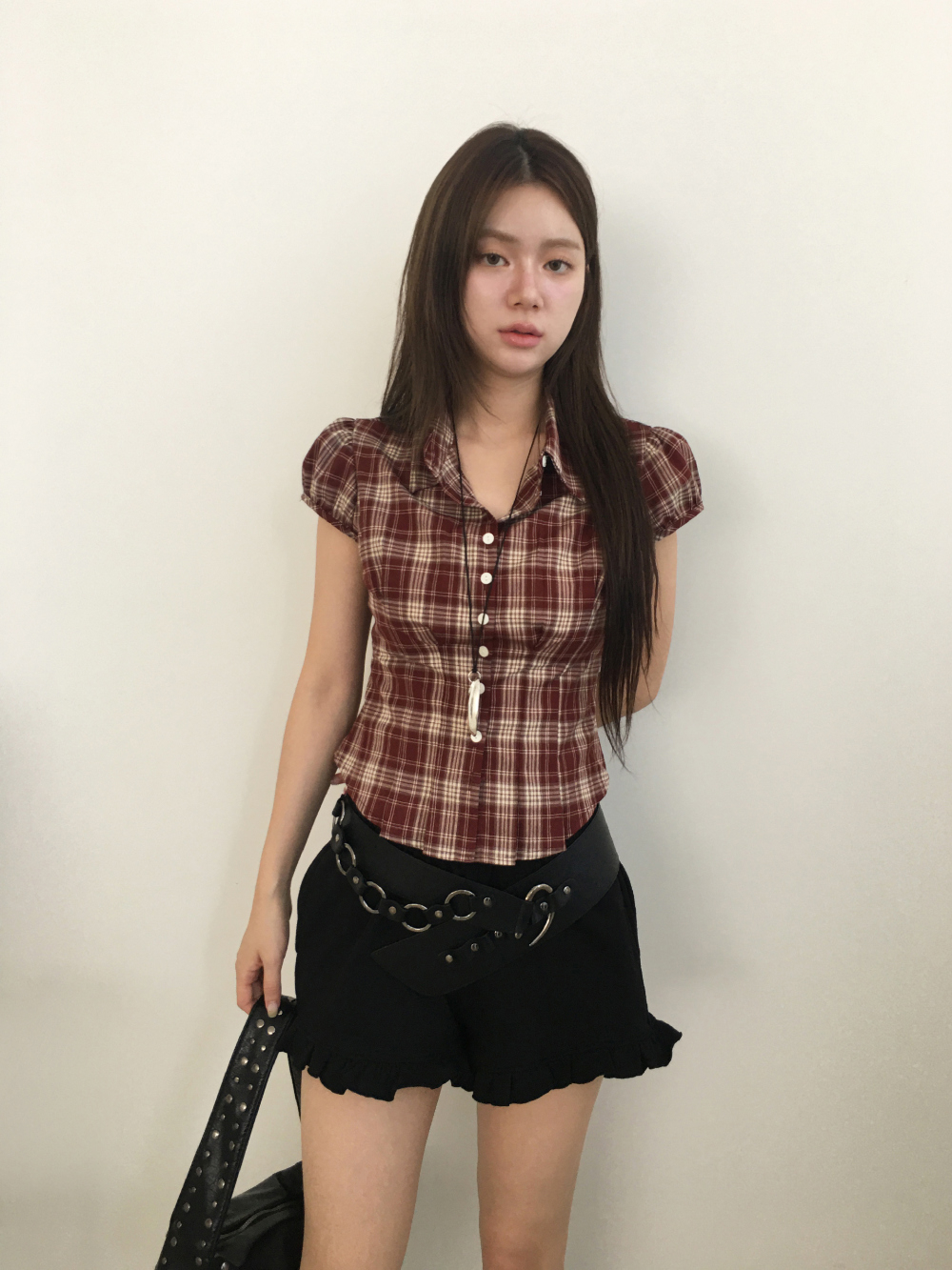 한국 chic 여름 허리 수축 싱글 줄 버튼 격자 무늬 셔츠